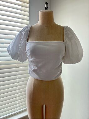 NWT Zara Women's White Draped Puff Sleeve Square Neck Blouse